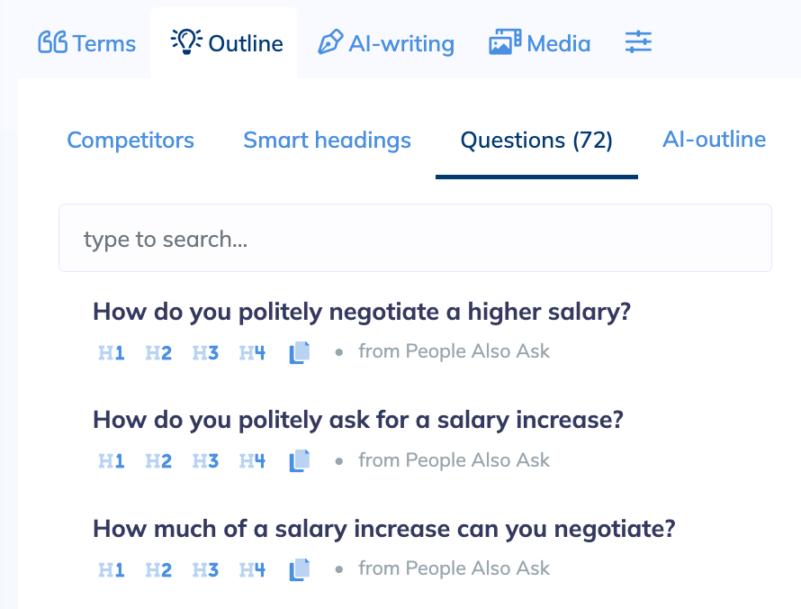 neuronwriter content ai suggestions questions