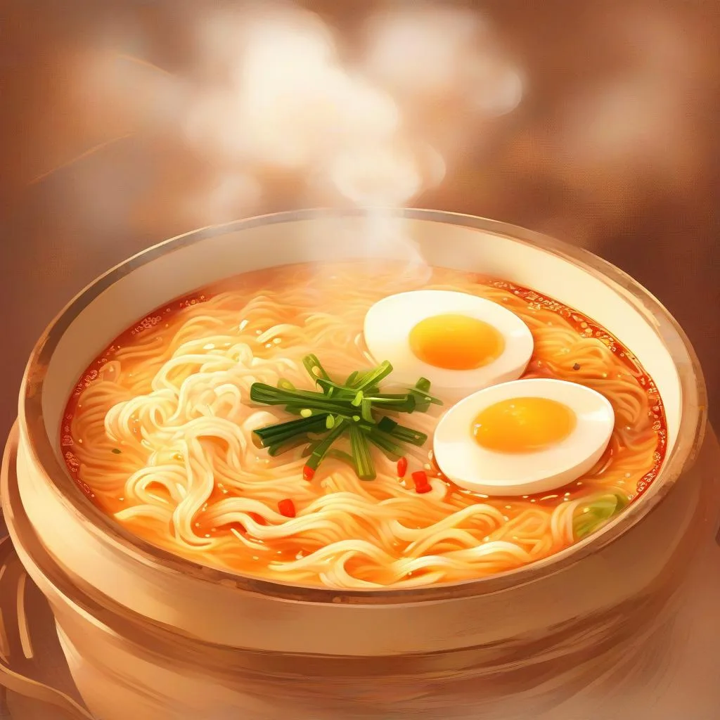 Tô mì ramen bốc khói với ánh sáng ấm áp