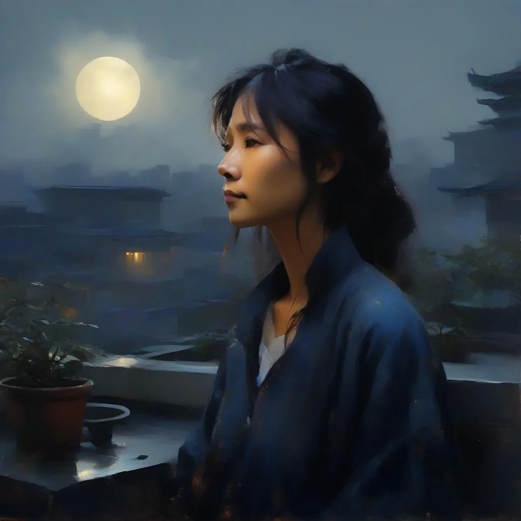 Người phụ nữ mặc áo choàng chàm trên sân thượng dưới ánh trăng