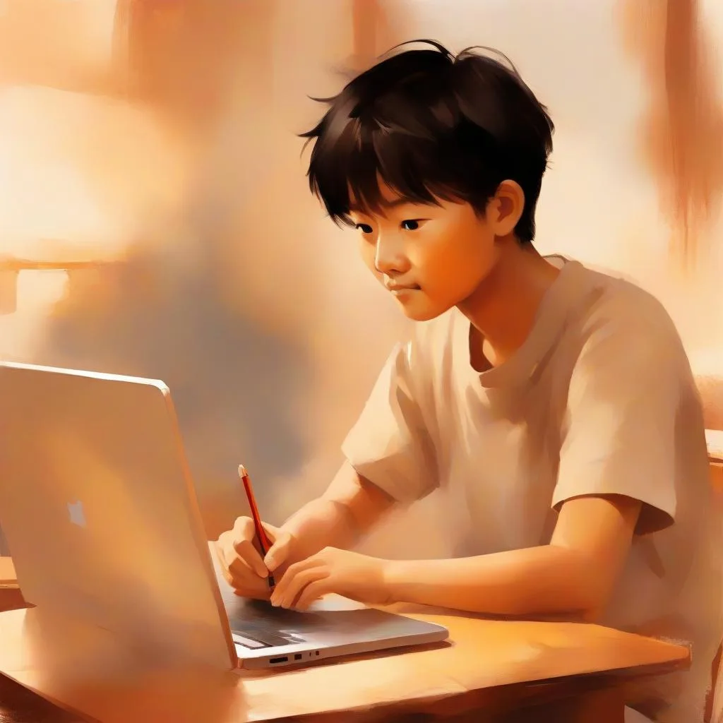 Cậu bé cầm bút chì bên máy tính trong góc học tập ấm cúng