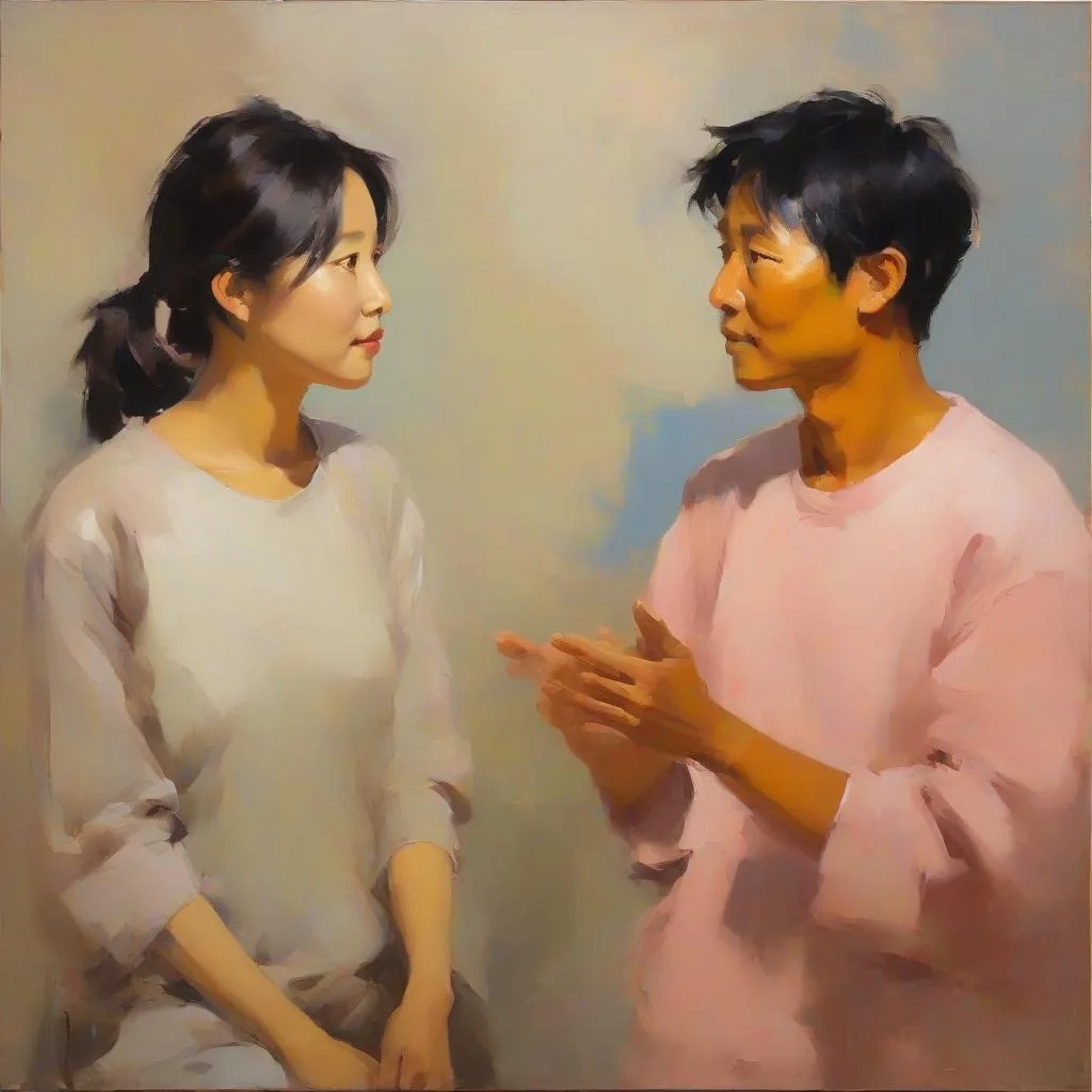 Hai người trò chuyện trong tông màu pastel dịu nhẹ, phong cách hội họa