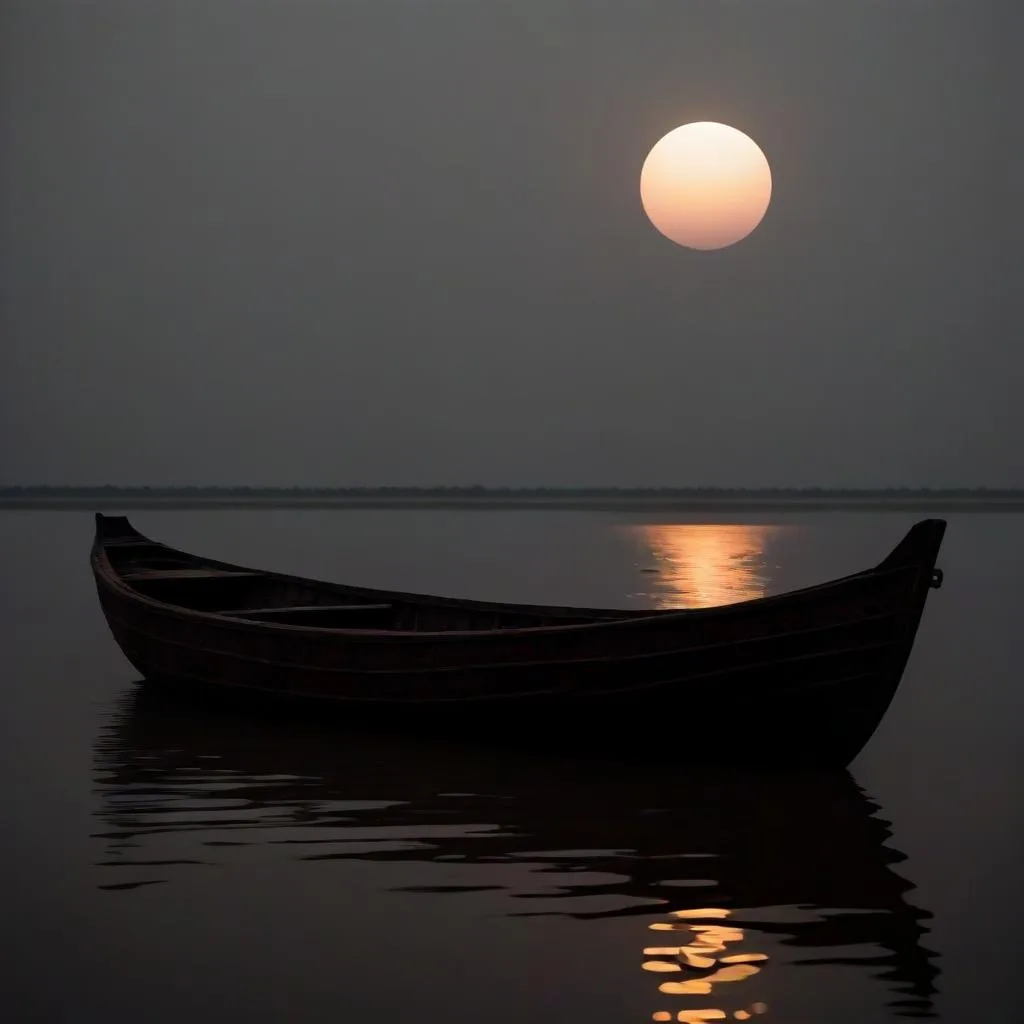 Bóng thuyền canoe trên hồ mờ sương lúc hoàng hôn
