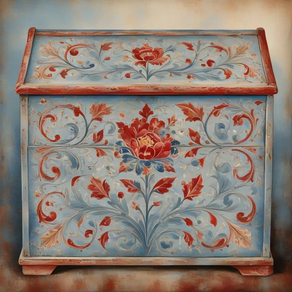 Rương cổ màu xanh vẽ hoa đỏ phong cách vintage