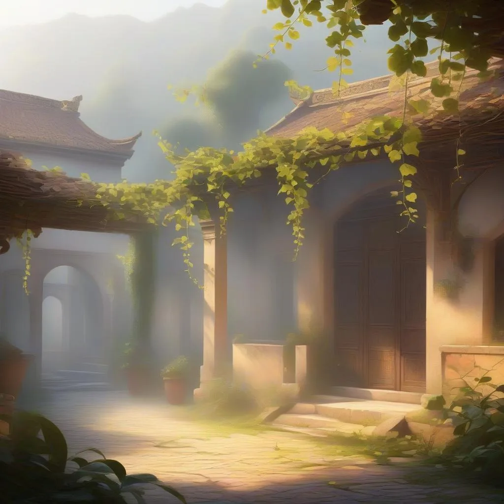 Sân viện cổ kính mờ sương dưới ánh nắng vàng