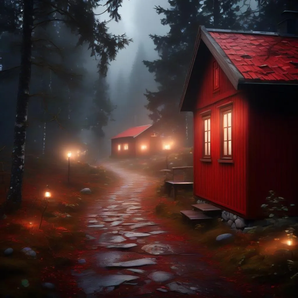 Đường rừng sương mù dẫn tới cabin gỗ đỏ ấm áp