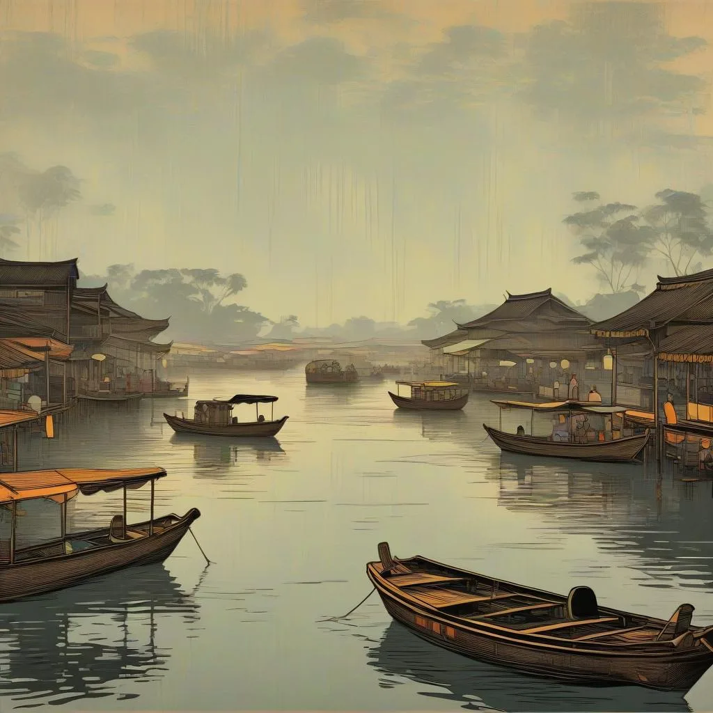 Cảnh sông ngày mưa phong cách tranh thủy mặc cổ điển