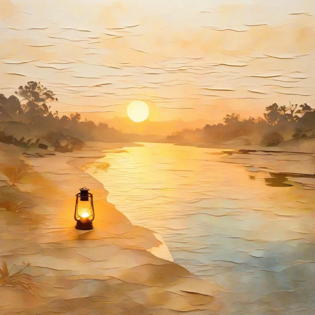 Đèn lồng vàng bên sông lúc hoàng hôn