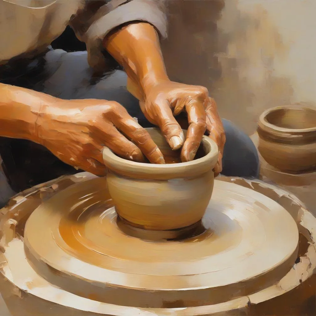 Đôi bàn tay nặn đất sét trên bàn xoay gốm
