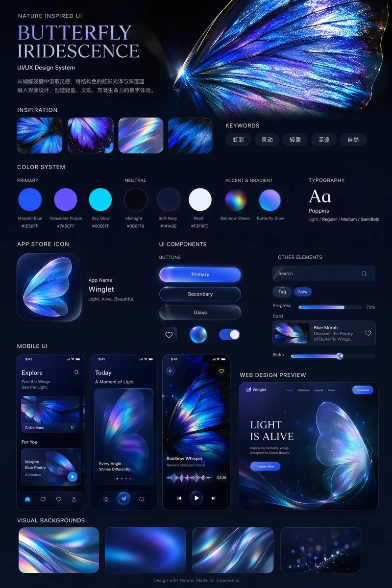 Hệ thống thiết kế UI/UX bướm ánh xà cừ phát sáng