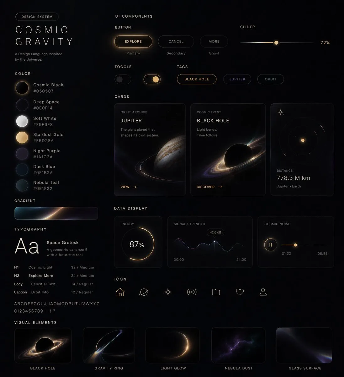 Hệ thống thiết kế UI Dark Mode phong cách vũ trụ