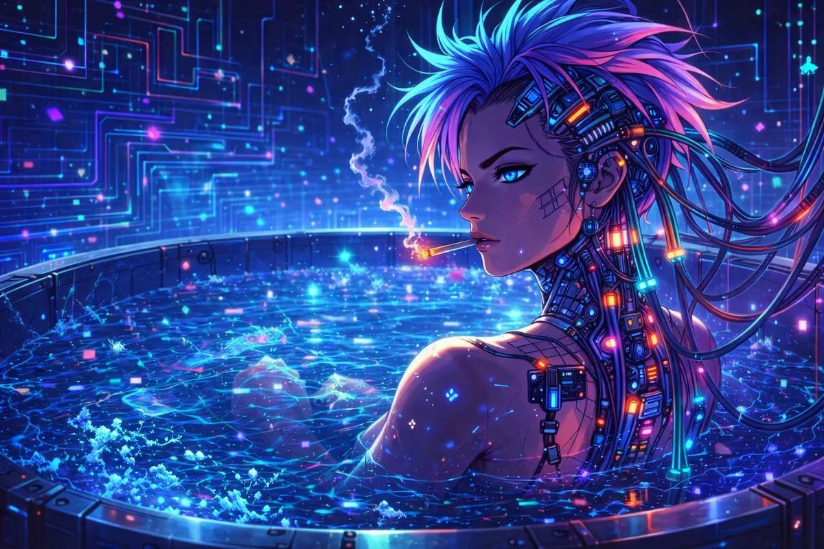Nhân vật Anime Cyberpunk trong bồn tắm neon