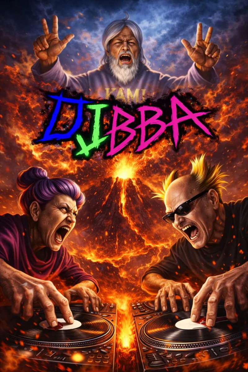 Poster DJ cao tuổi cuồng nhiệt trước núi lửa phun trào