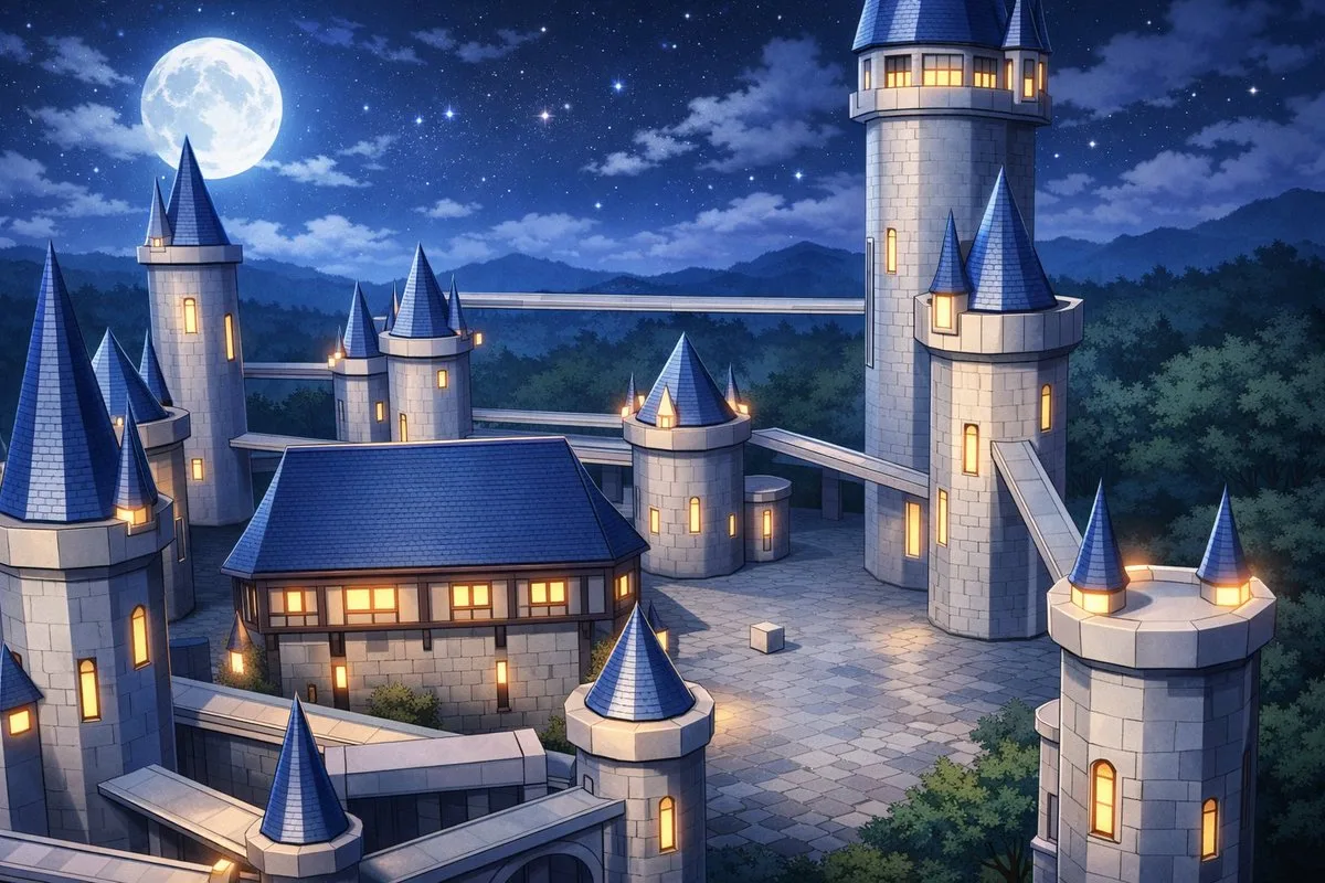 Lâu đài kỳ ảo phong cách anime trong đêm