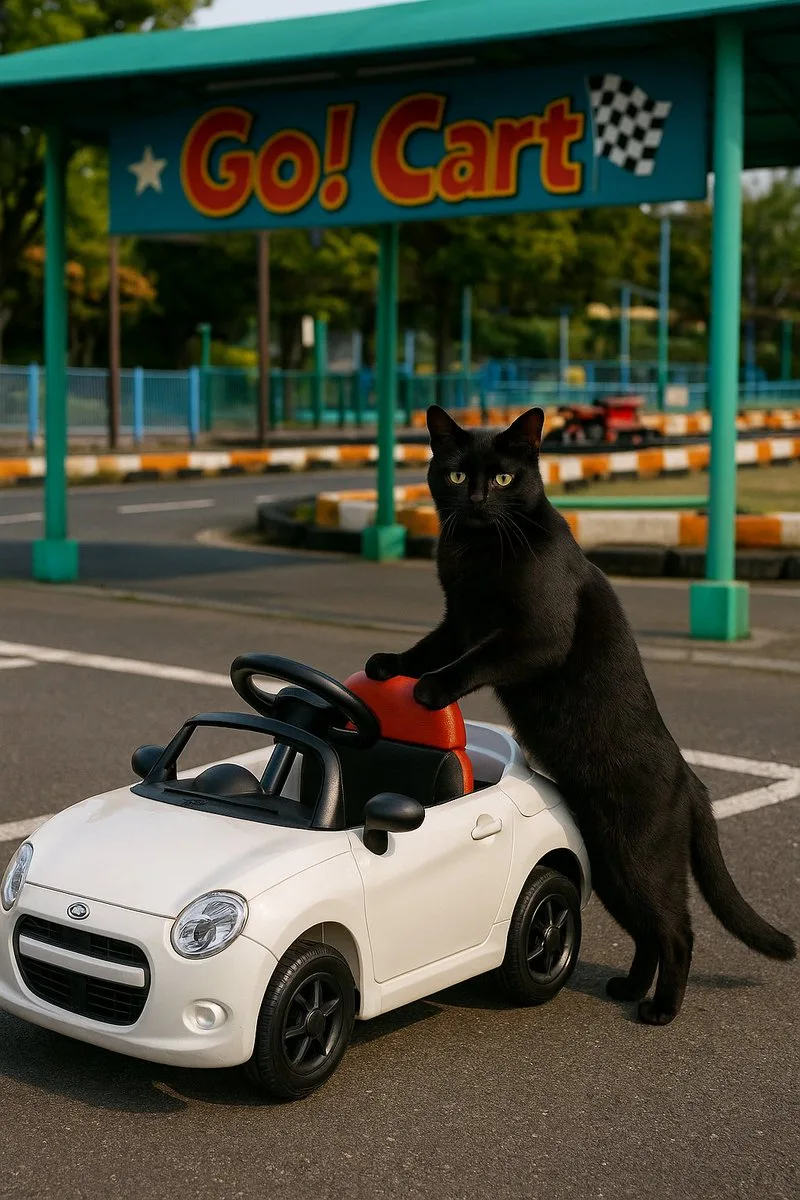 Chú mèo bên xe đồ chơi tại đường đua go-kart