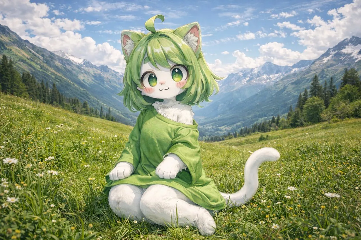 Cô gái mèo anime trên đồng cỏ núi cao chân thực