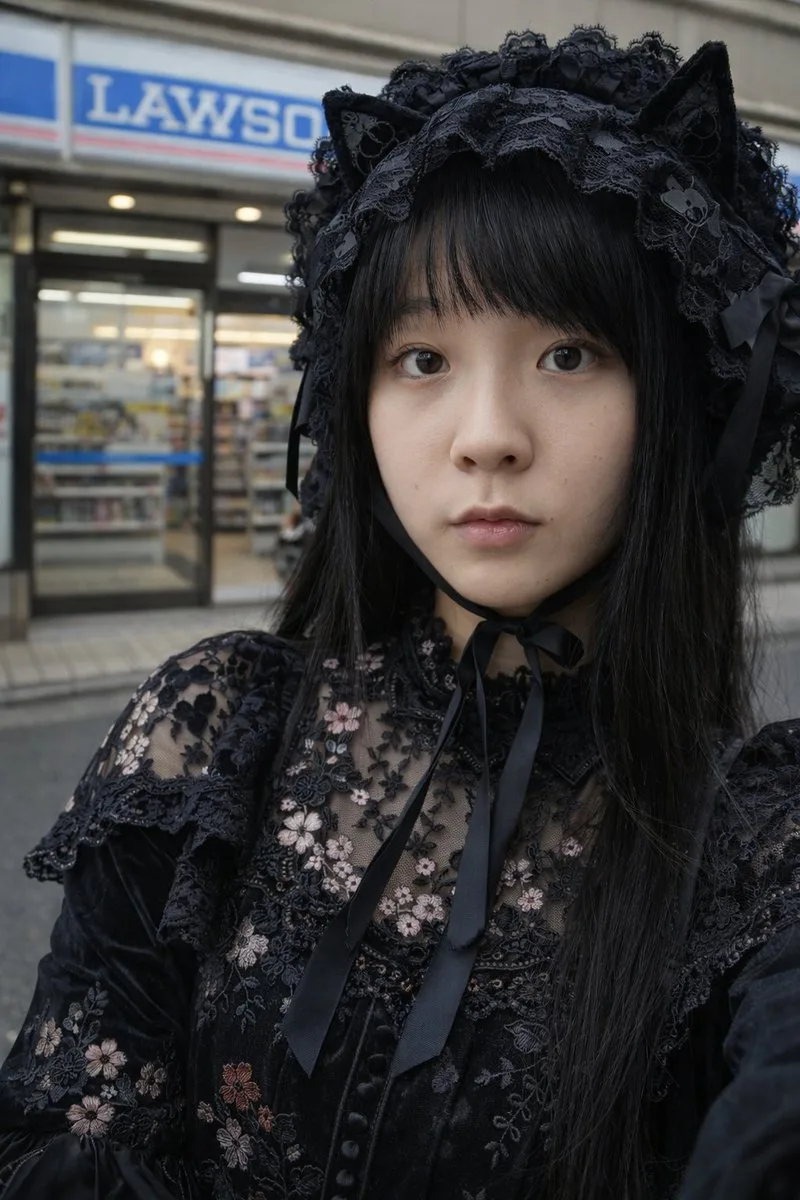 Chân dung Gothic Lolita trước cửa hàng tiện lợi