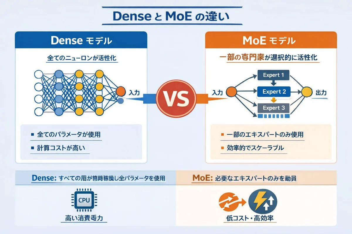 Infographic so sánh mạng nơ-ron Dense và MoE