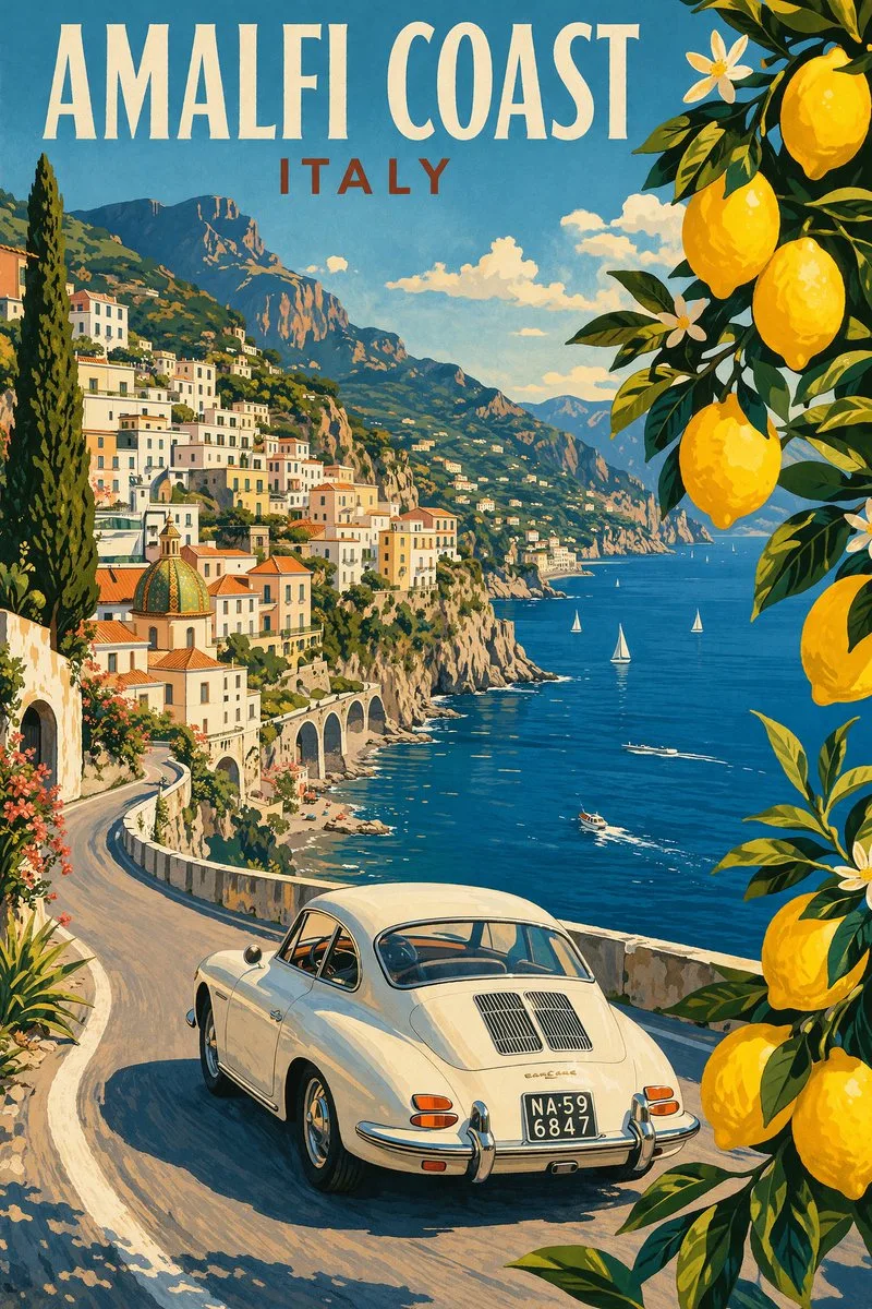 Poster du lịch bờ biển Amalfi phong cách cổ điển