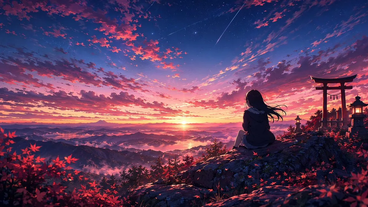 Phong cảnh núi non hoàng hôn phong cách anime