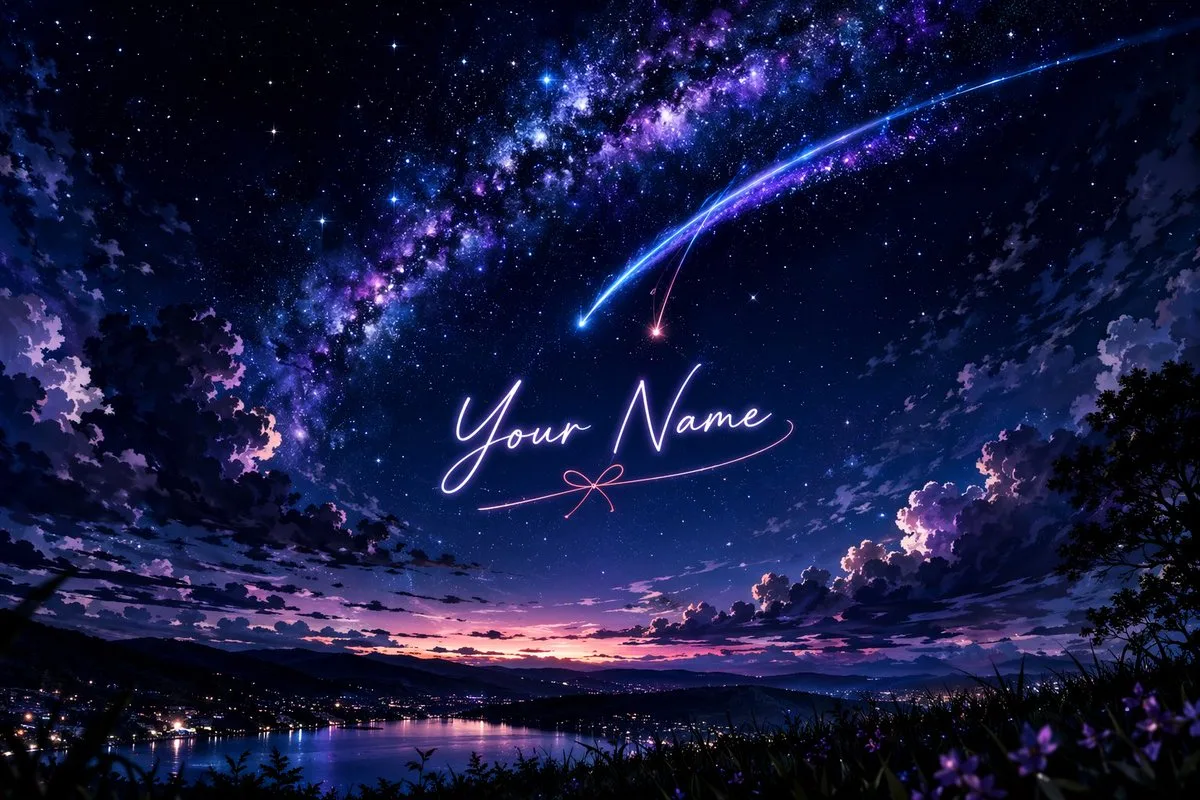 Bầu trời đêm đầy sao phong cách anime với chữ neon tùy chỉnh