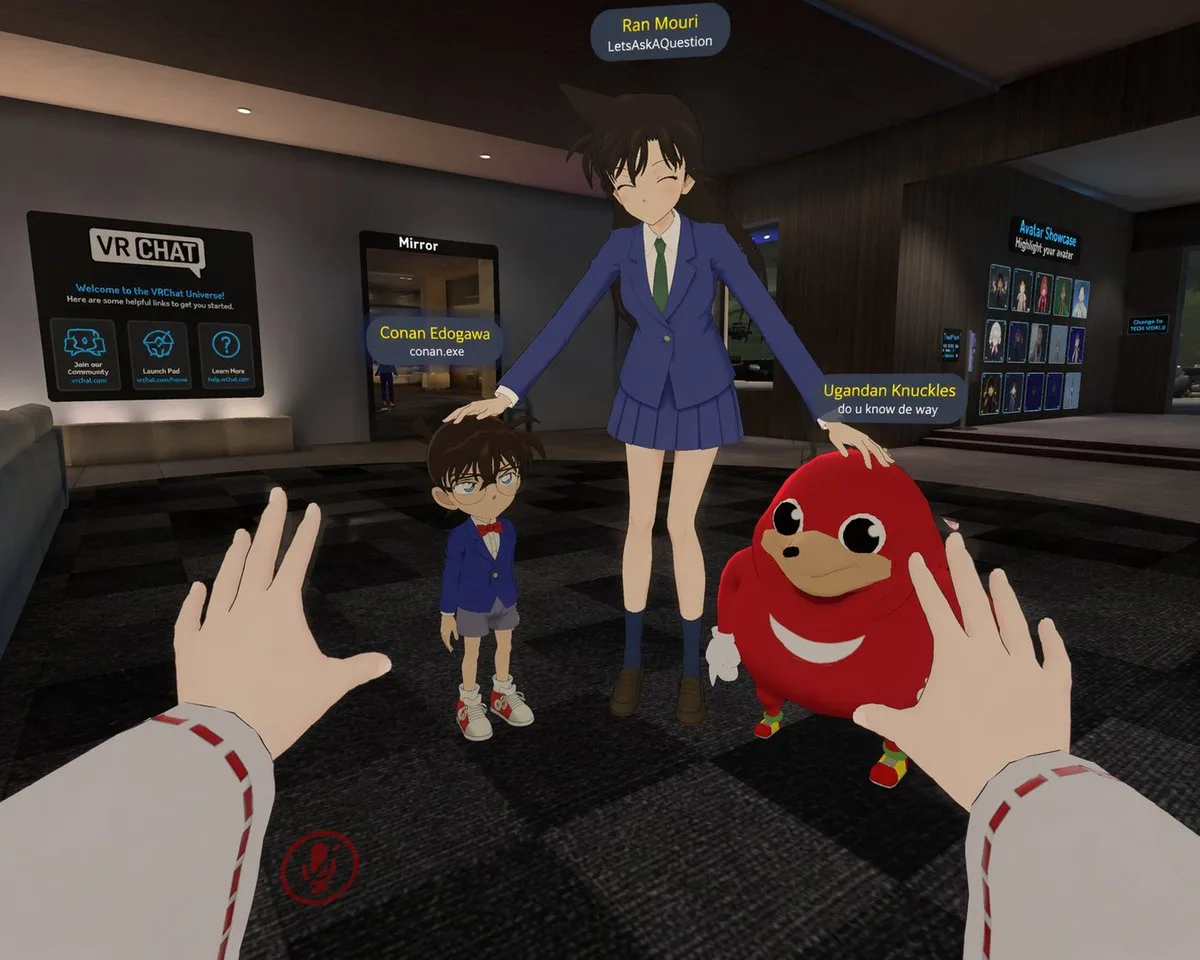 Ảnh chụp màn hình góc nhìn thứ nhất meme crossover trong VRChat