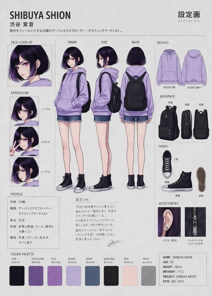 Bảng thiết kế nhân vật anime Shibuya Shion