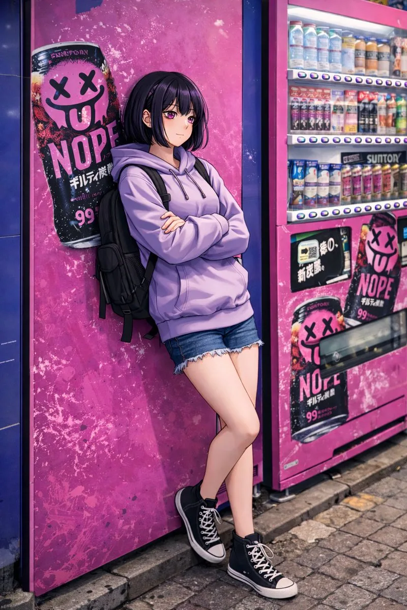 Cô gái anime tựa vào máy bán hàng tự động