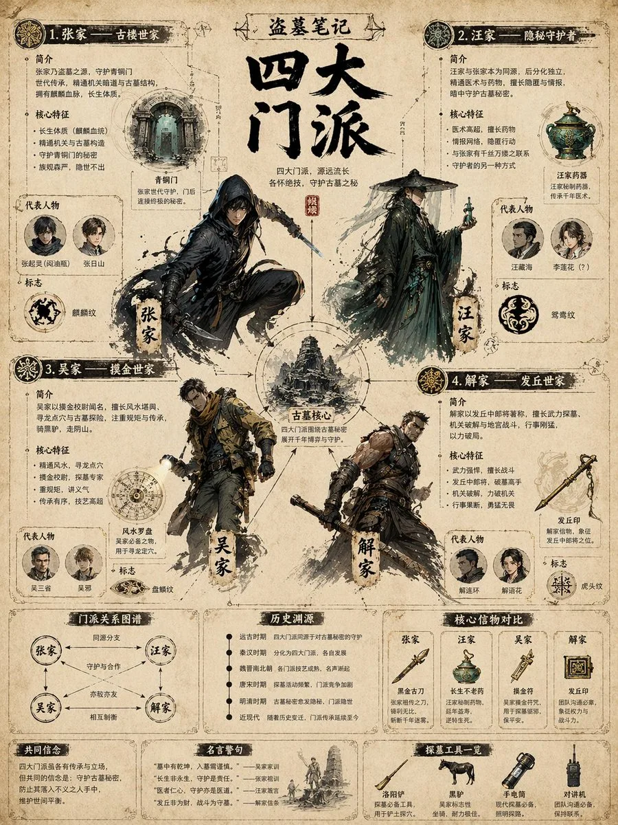 Poster infographic tứ đại môn phái phong cách cổ điển