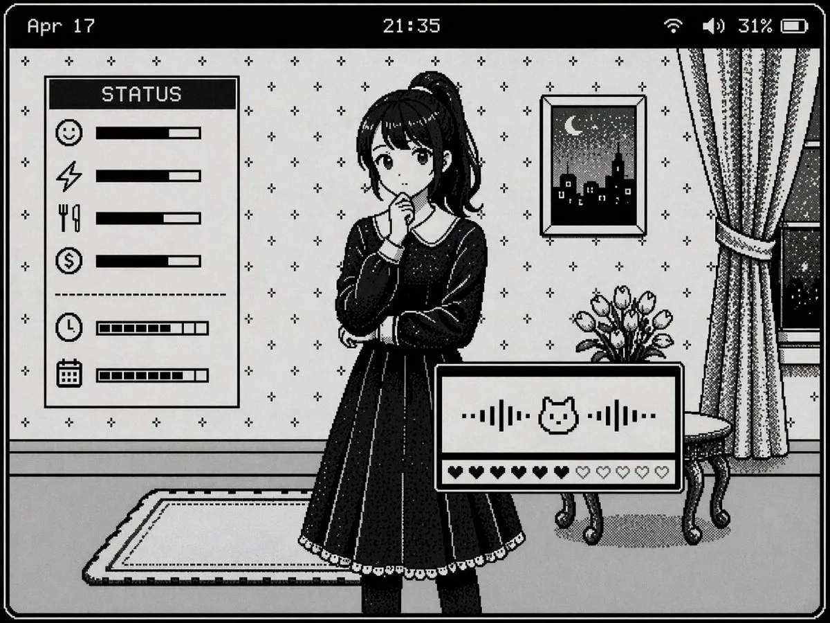 Giao diện visual novel pixel art đơn sắc cổ điển