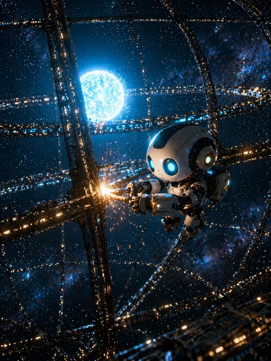 Robot chibi viễn tưởng đang hàn kết cấu trong vũ trụ