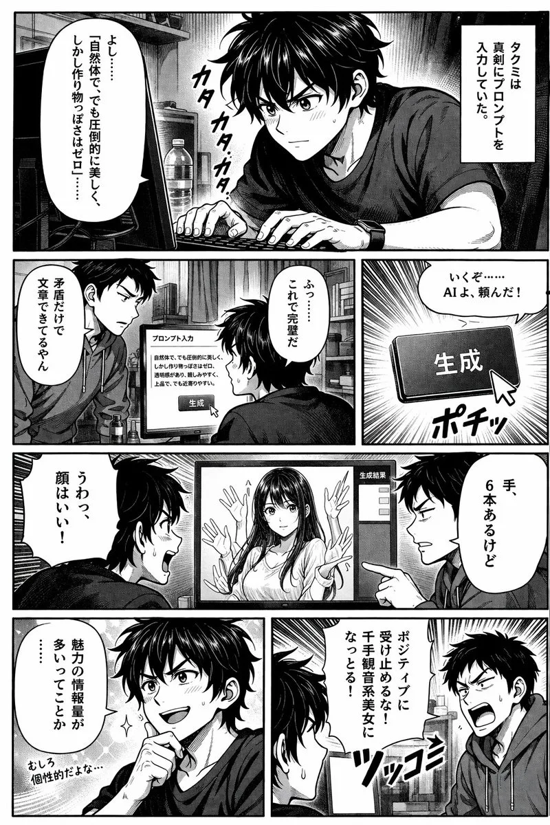 Trang manga hài hước về tạo ảnh AI