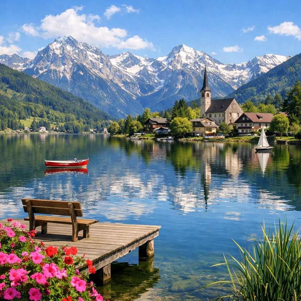 Phong cảnh làng ven hồ Alpine thơ mộng