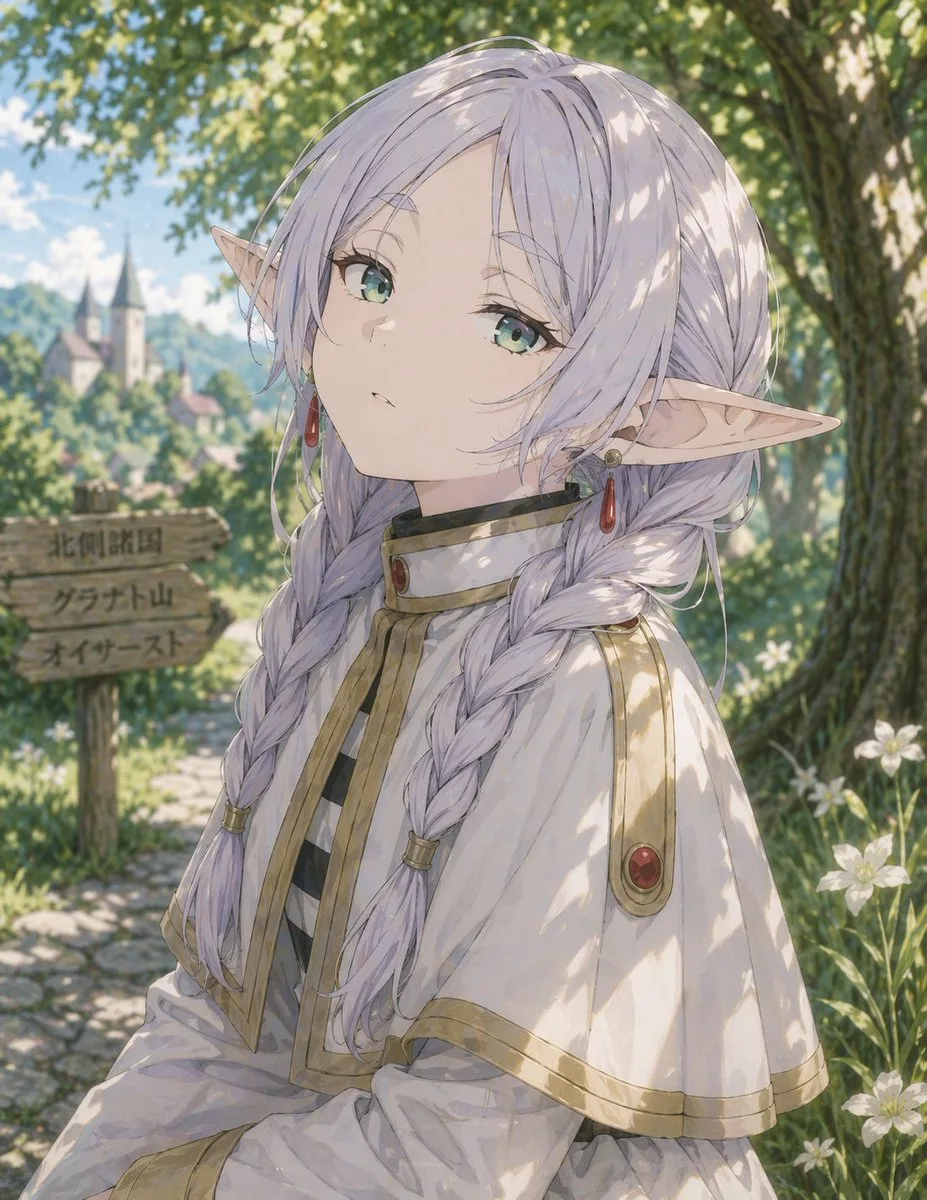 Thiếu nữ yêu tinh anime trên lối mòn rừng