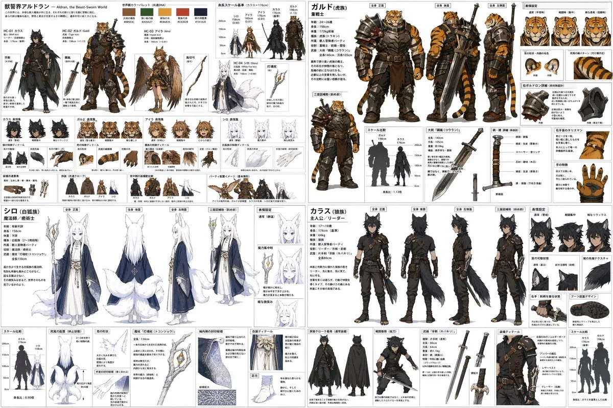 Bảng thiết kế nhân vật RPG chia 4 ô lưới