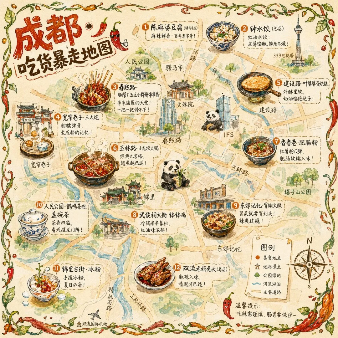 Bản đồ ẩm thực Thành Đô vẽ tay