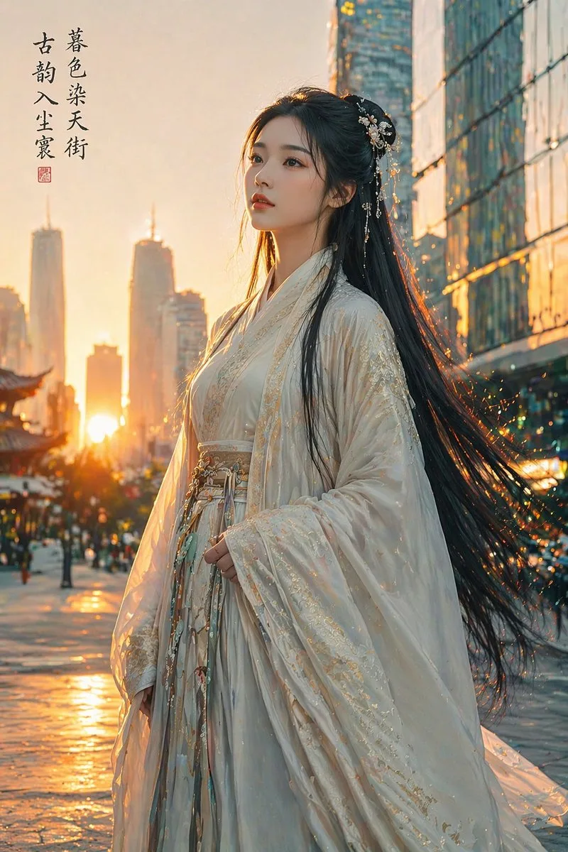 Mỹ nhân cổ điển giữa hoàng hôn đô thị hiện đại