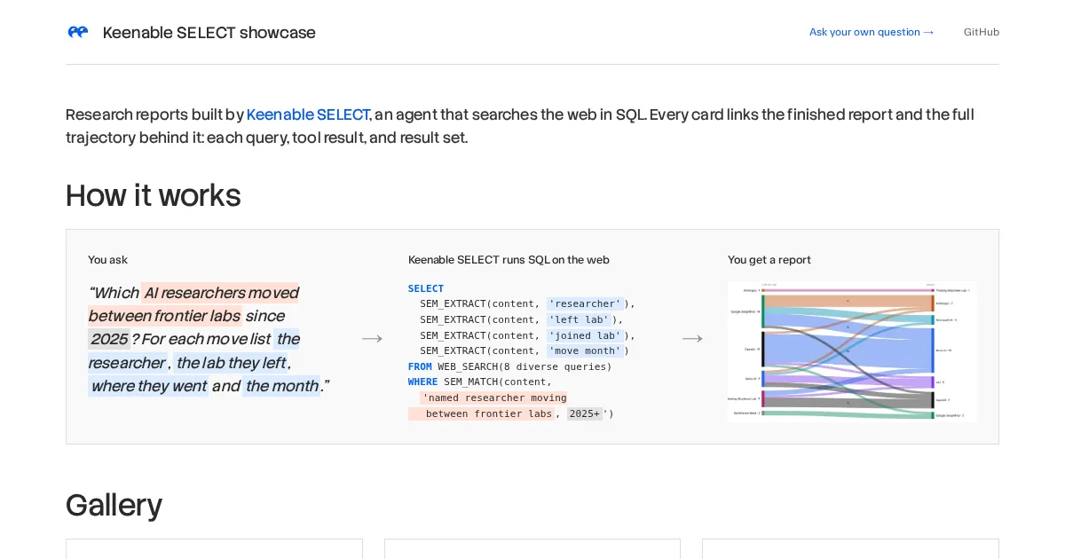 keenable select agent truy van web bang sql tao bao cao ai nhanh
