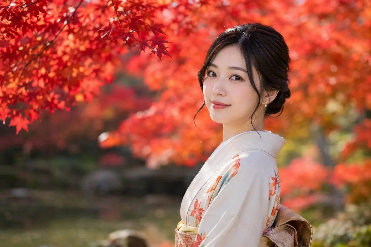 Chân dung thiếu nữ mặc Kimono mùa thu chân thực
