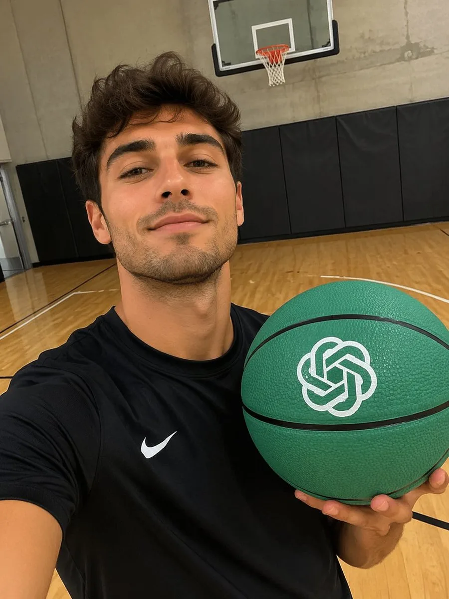 Ảnh selfie trên sân bóng rổ với quả bóng in logo