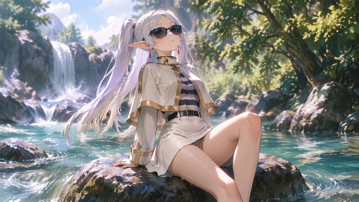 Cô gái Elf phong cách anime thư giãn trên dòng suối trong rừng