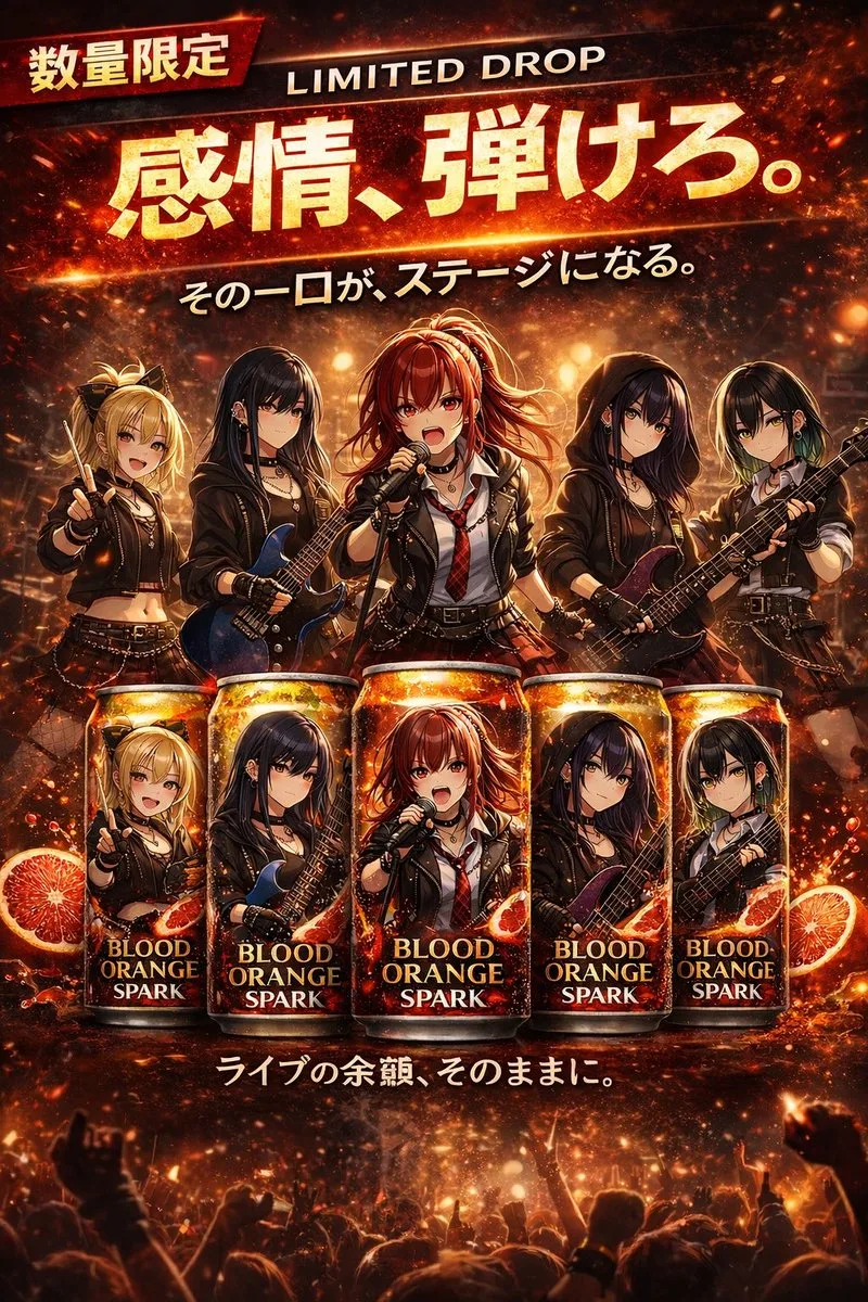 Poster quảng cáo nước giải khát hợp tác cùng ban nhạc rock anime