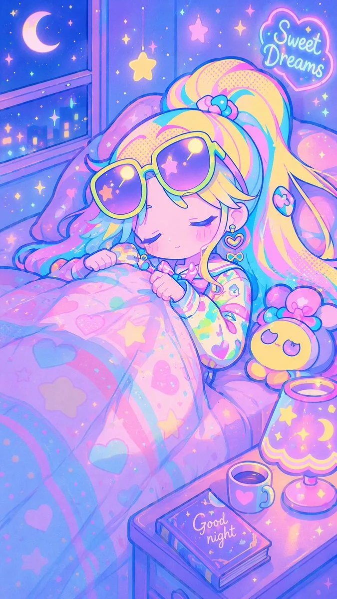 Khung cảnh bé gái ngủ phong cách anime retro pastel