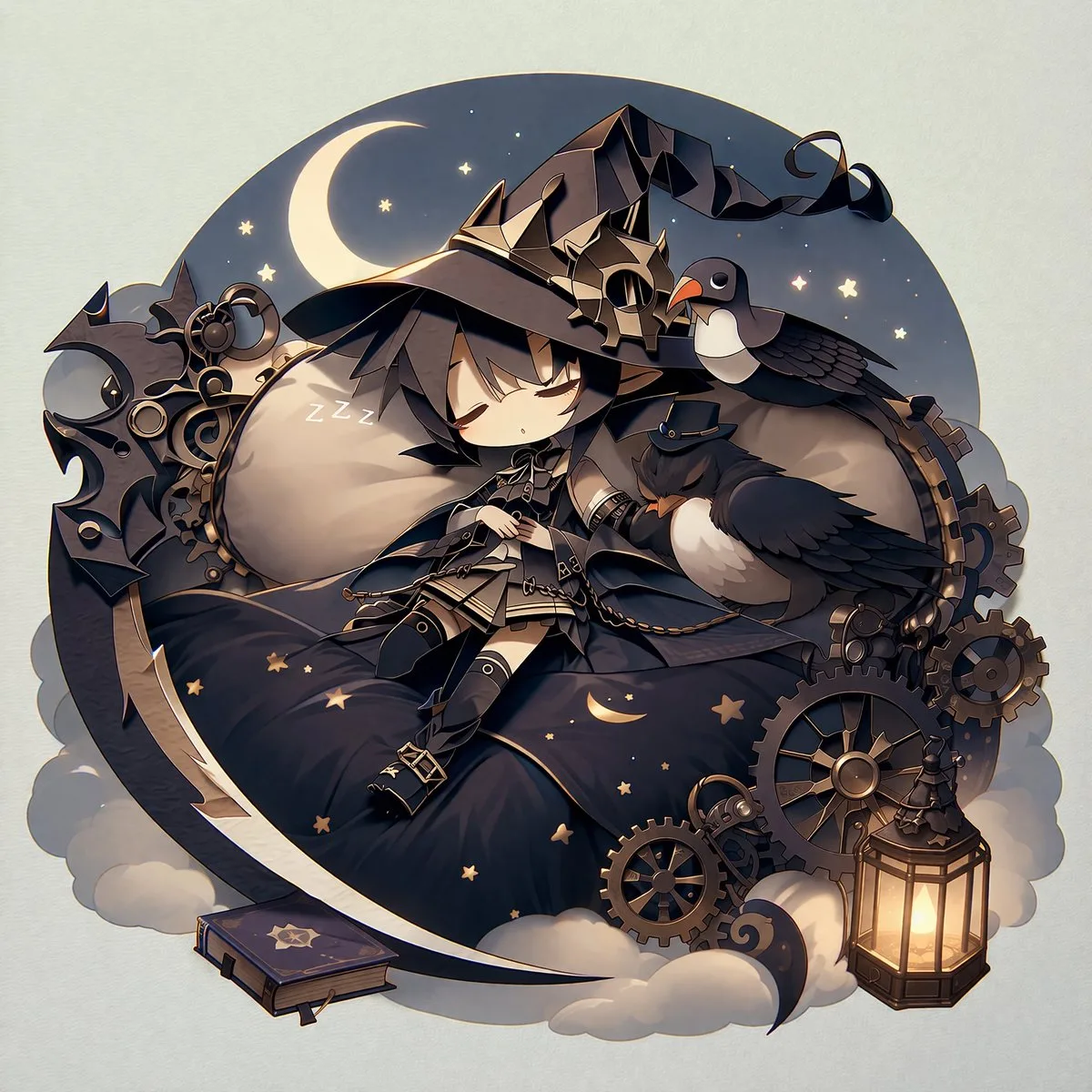 Hình minh họa nhãn dán phù thủy chibi phong cách steampunk