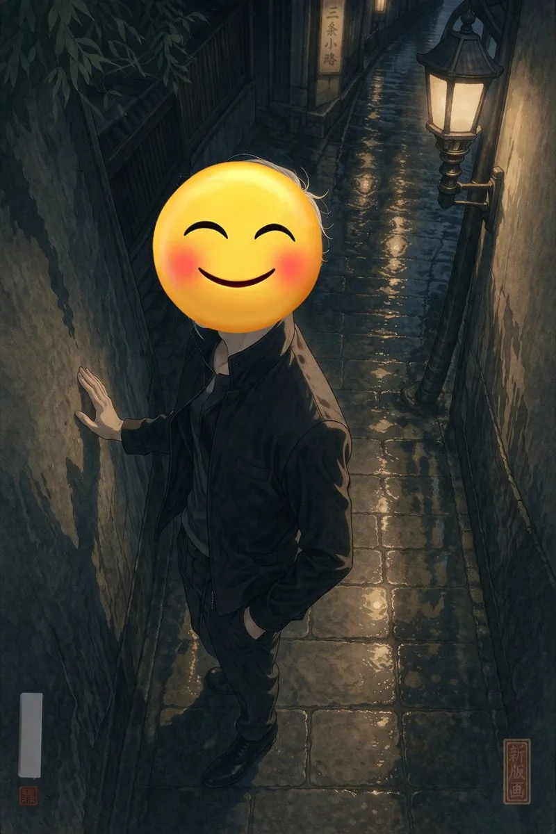 Nhân vật mặt emoji trong con hẻm đêm ẩm ướt