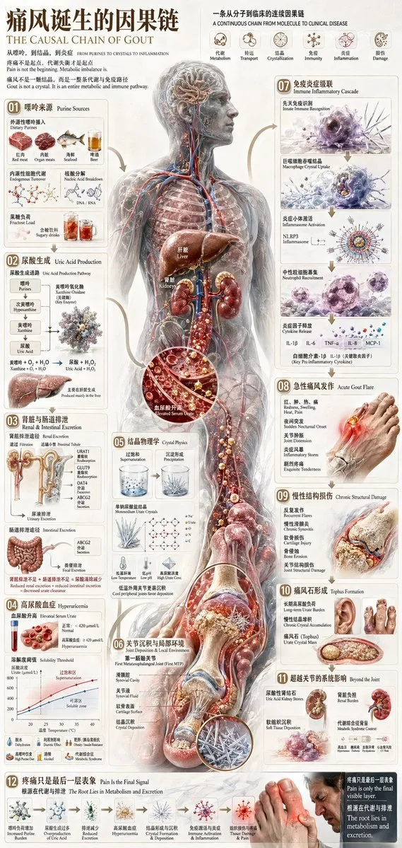 Poster infographic y khoa về cơ chế bệnh sinh bệnh gút
