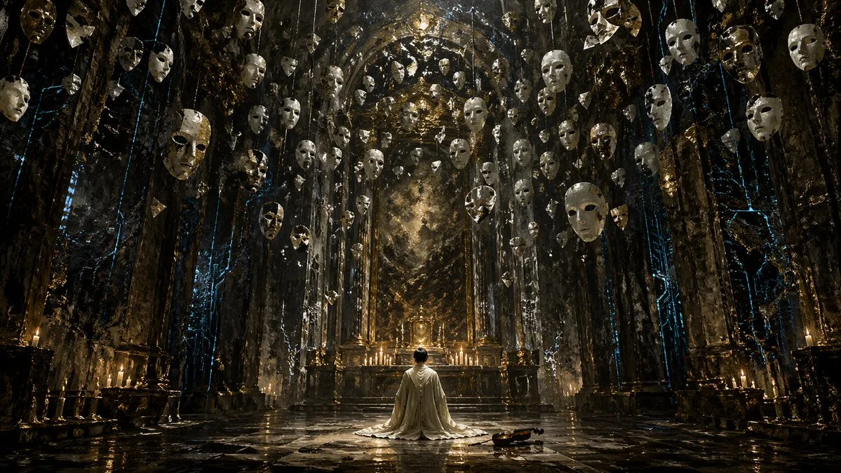 Đại sảnh Gothic siêu thực với mặt nạ lơ lửng