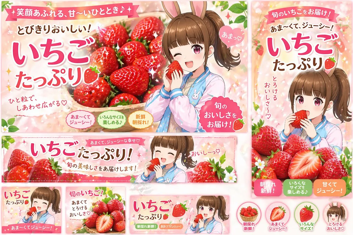 Bộ banner quảng cáo dâu tây phong cách anime