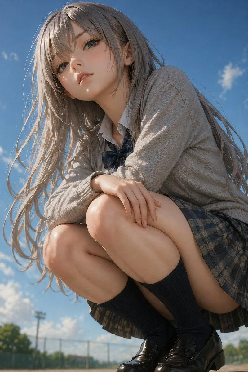 Chân dung nữ sinh anime tả thực ngồi xổm