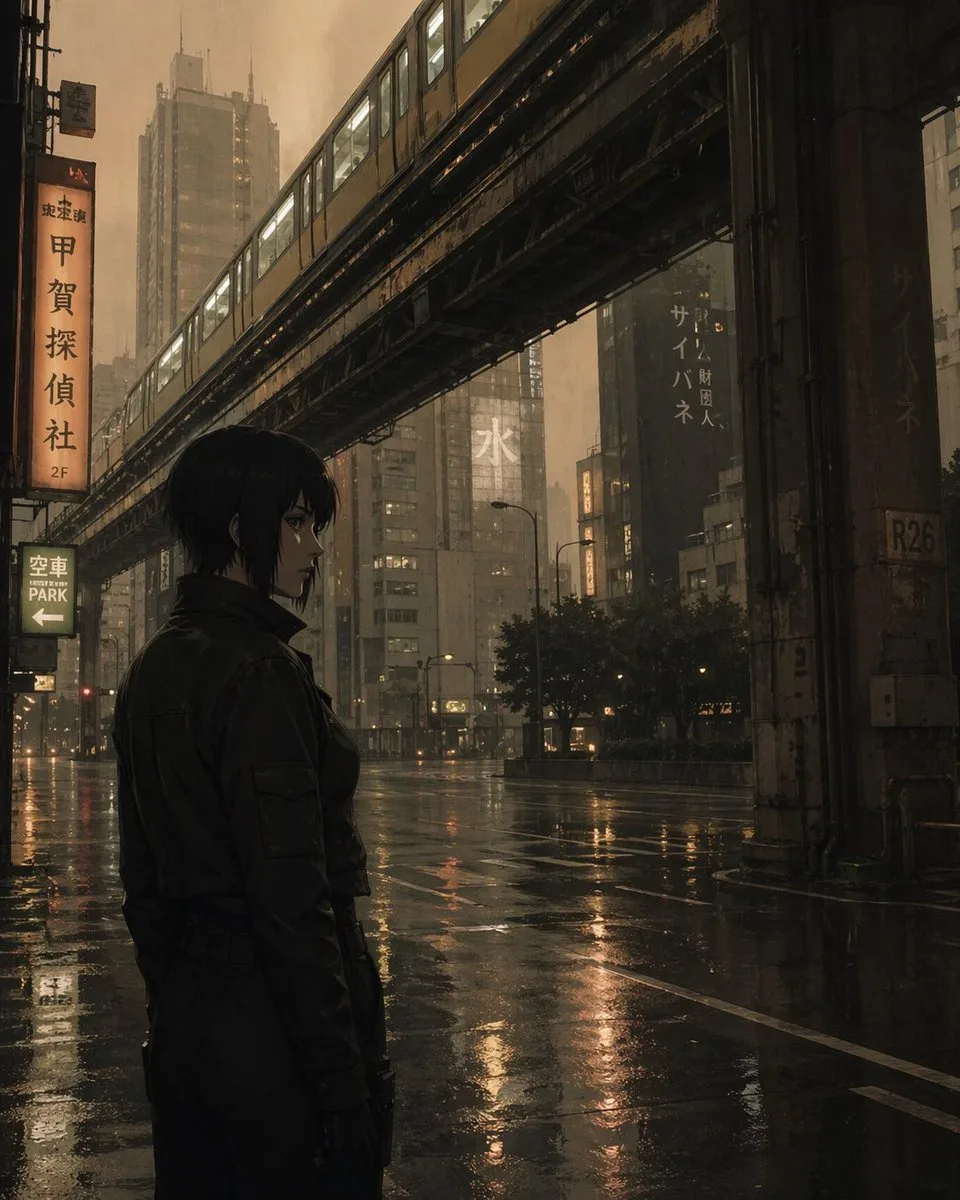 Phố đêm cyberpunk trầm mặc