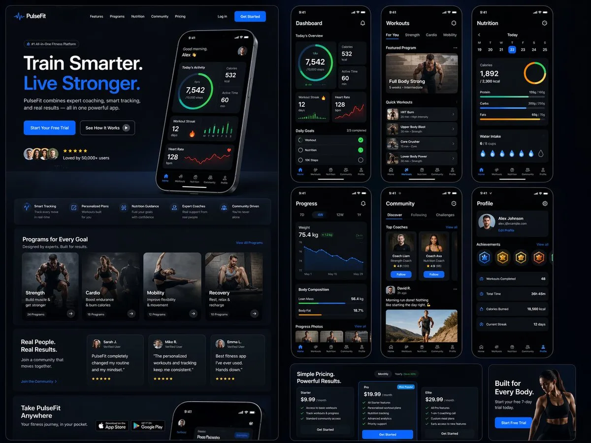 Giao diện landing page và dashboard SaaS thể hình hiện đại